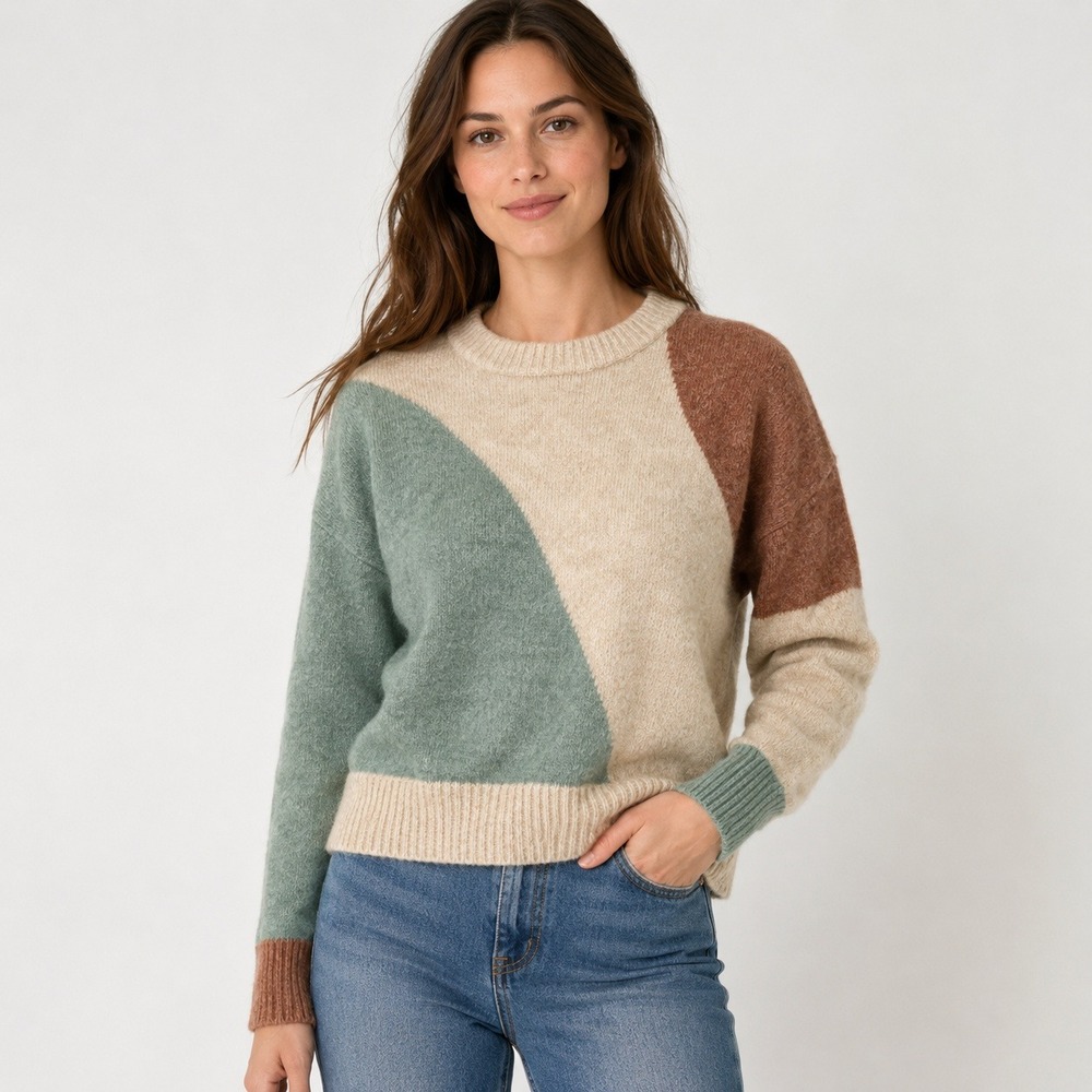 Madewell Colorblock Knit Sweater XXS Beige Green Brown Crew Neck Pullover